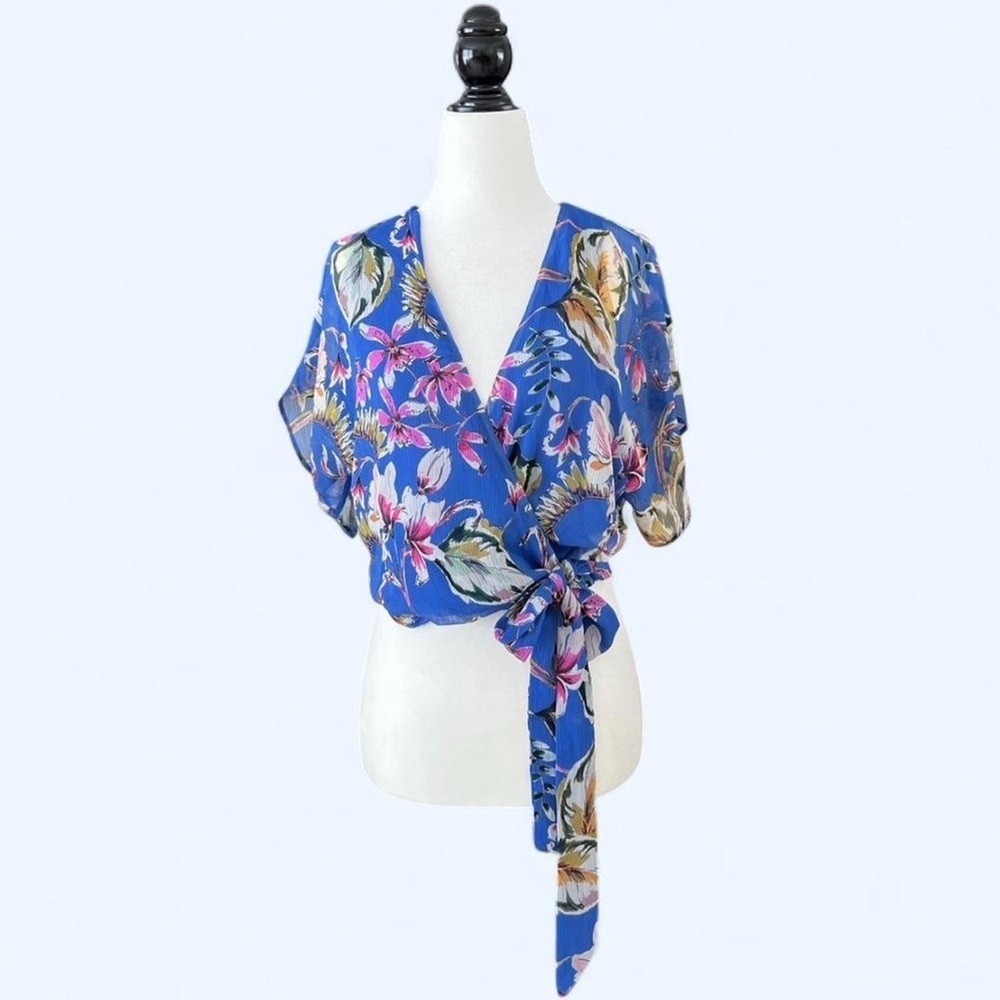 Zara Women’s Floral Blue Sheer Wrap Waist Coastal Tropical Print Summer Top XS